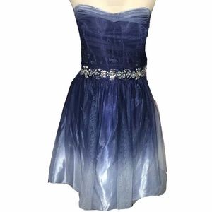 B. Smart Chiffon Dress Ombré Blue Rhinestone Embellished Waist Strapless Size 16